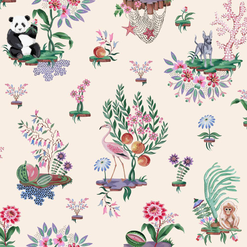 cream wallpaper with chihuahua dogs, tropical plants and whimsical island scenes in colourful tones
