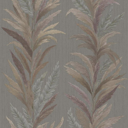 grey and bronze leaf wallpaper with vertical botanical pattern and subtle shimmer finish