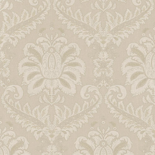 beige damask wallpaper with traditional ornate pattern and soft tonal detailing