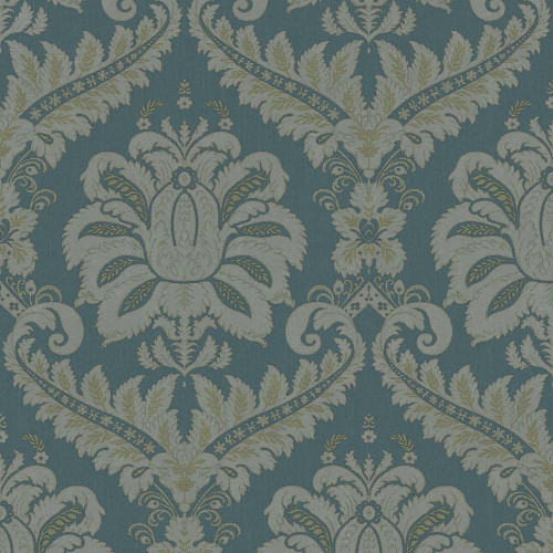 green and gold damask wallpaper with traditional ornate pattern and subtle shimmer finish