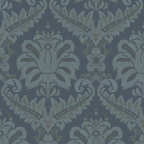 blue and gold damask wallpaper with traditional ornate pattern and subtle shimmer finish