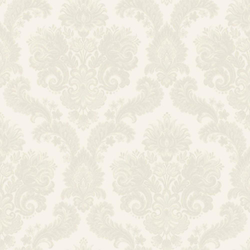 cream damask wallpaper with ornate floral pattern in soft tonal neutral shades