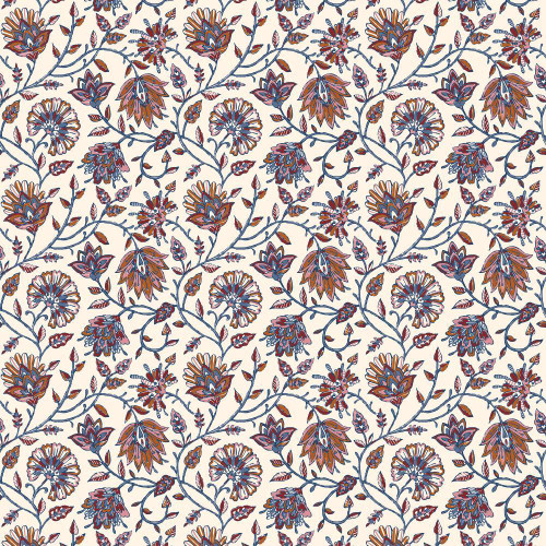 blue and orange trailing floral wallpaper with indienne style pattern