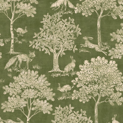 olive green wallpaper with woodland scene featuring foxes, hares and trees