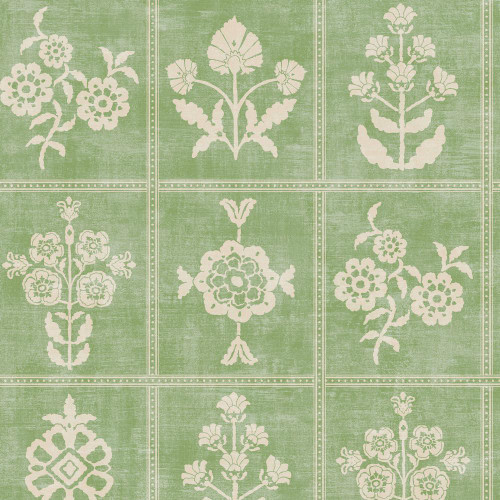 pistachio green wallpaper with floral grid pattern and cream detailing
