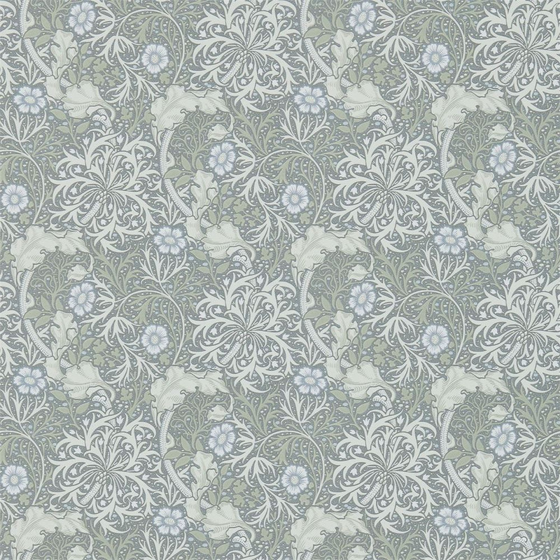 Morris & Co Seaweed Wallpaper 214715 Silver Ecru showing flowing botanical pattern with curling foliage inspired by underwater plants