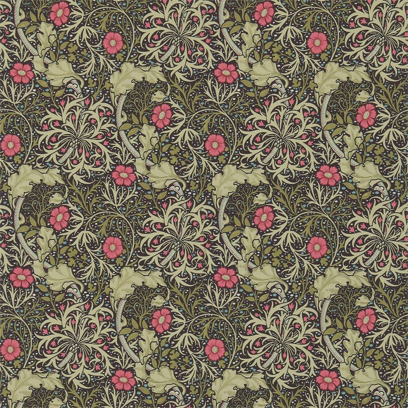 Morris & Co Seaweed Wallpaper 214716 Ebony Poppy featuring flowing Art Nouveau style foliage with red floral accents on a dark background
