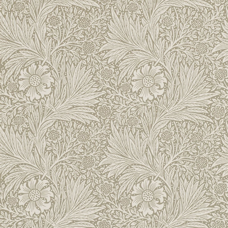 Morris & Co Marigold Linen wallpaper showing flowing marigold flowers and delicate foliage in soft neutral tones inspired by William Morris design