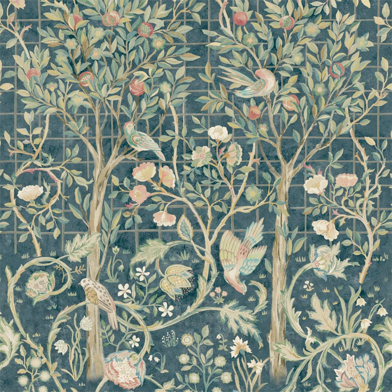 Morris & Co Melsetter Wallpaper 216706 Indigo Rose showing birds, trees and floral pattern in a garden scene with deep blue background and soft pink accents