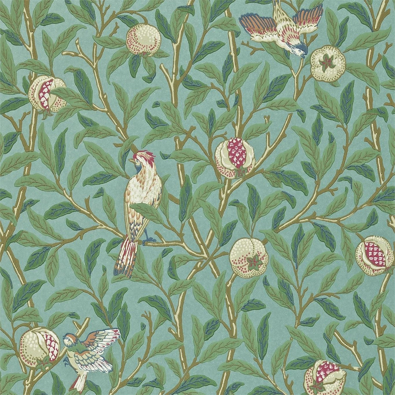 Morris & Co Bird & Pomegranate Turquoise Coral wallpaper showing birds perched on branches with pomegranates and green foliage on turquoise background