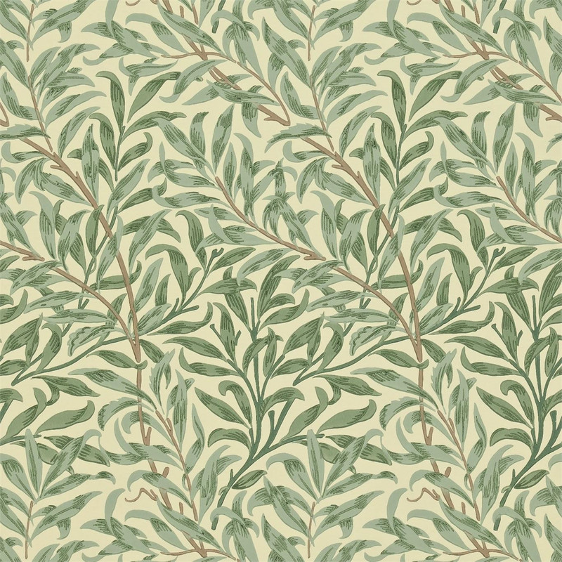 Morris & Co Willow Boughs Green wallpaper showing flowing willow branches and delicate leaf pattern inspired by William Morris botanical design