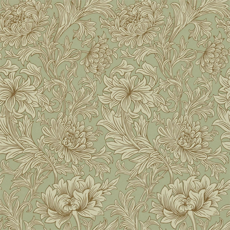 Morris & Co Chrysanthemum Toile Eggshell Gold wallpaper showing detailed chrysanthemum flowers and flowing botanical linework on soft neutral background