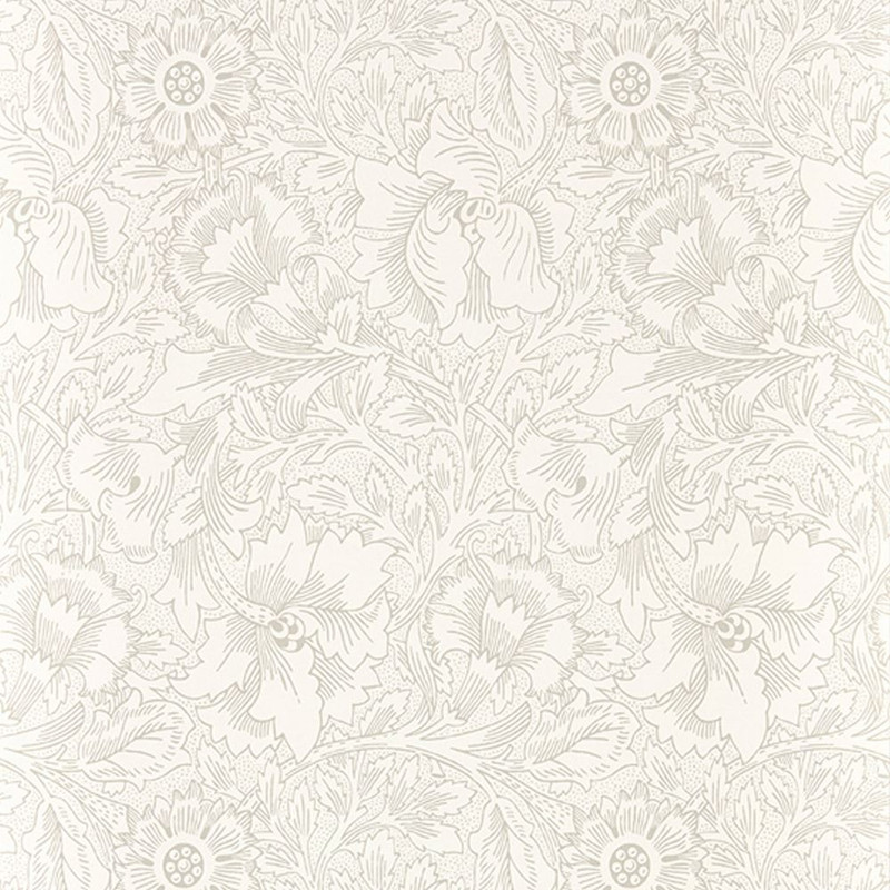 Morris & Co Pure Poppy Wallpaper 216034 Ecru Stone showing detailed floral pattern with poppy flowers and foliage in soft neutral tones