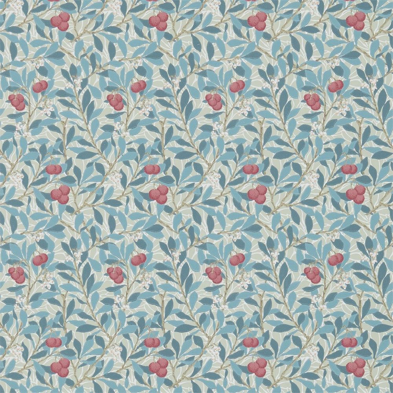 Morris & Co Arbutus Woad Russet wallpaper showing delicate trailing foliage with small red arbutus berries on soft blue background