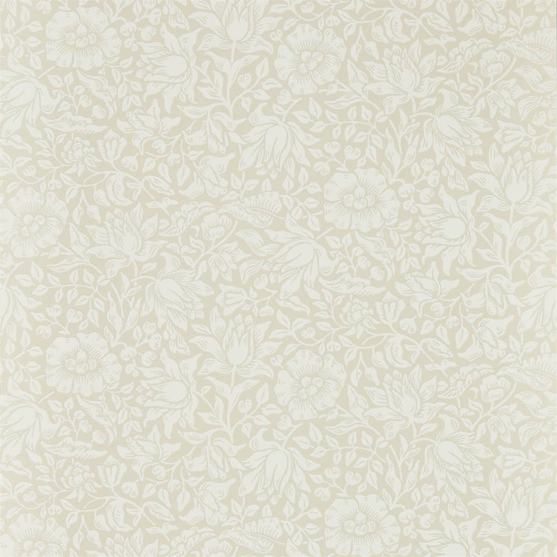 Morris & Co Mallow Wallpaper 216676 Cream Ivory showing small scale hibiscus floral pattern in soft cream and ivory tones