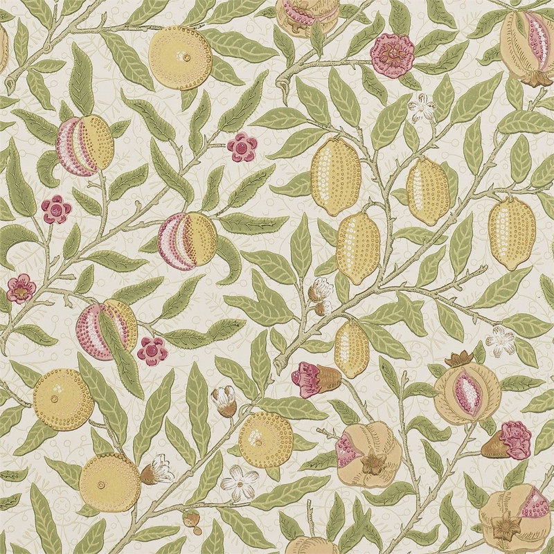 Morris & Co Fruit Limestone Artichoke wallpaper showing detailed branches with lemons, pomegranates and green foliage in classic William Morris botanical pattern