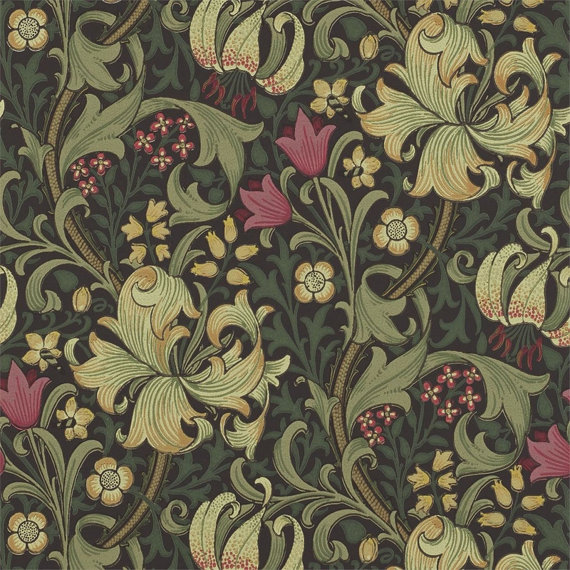 Morris & Co Golden Lily Charcoal Olive wallpaper showing large lily flowers with flowing foliage and rich botanical detailing on dark background