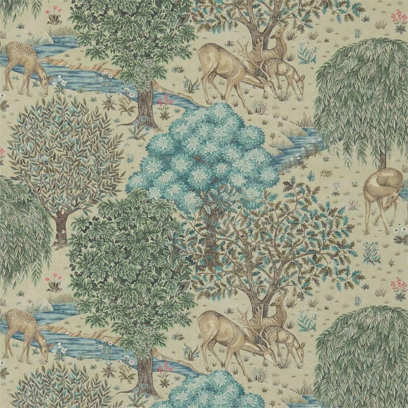 Morris & Co The Brook Wallpaper 214888 Linen featuring deer, trees and flowing water in a tapestry style design with soft natural tones