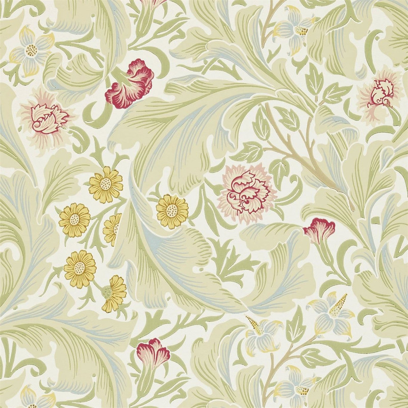 Morris & Co Leicester Marble Rose wallpaper showing sweeping botanical leaves with delicate floral blooms in soft green and rose tones