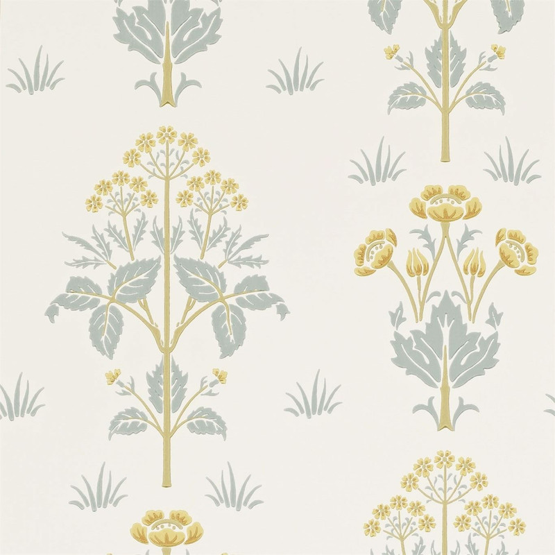 Morris & Co Meadow Sweet Gold Slate wallpaper showing stylised meadow sweet flowers with gold accents and slate blue foliage in repeating botanical pattern