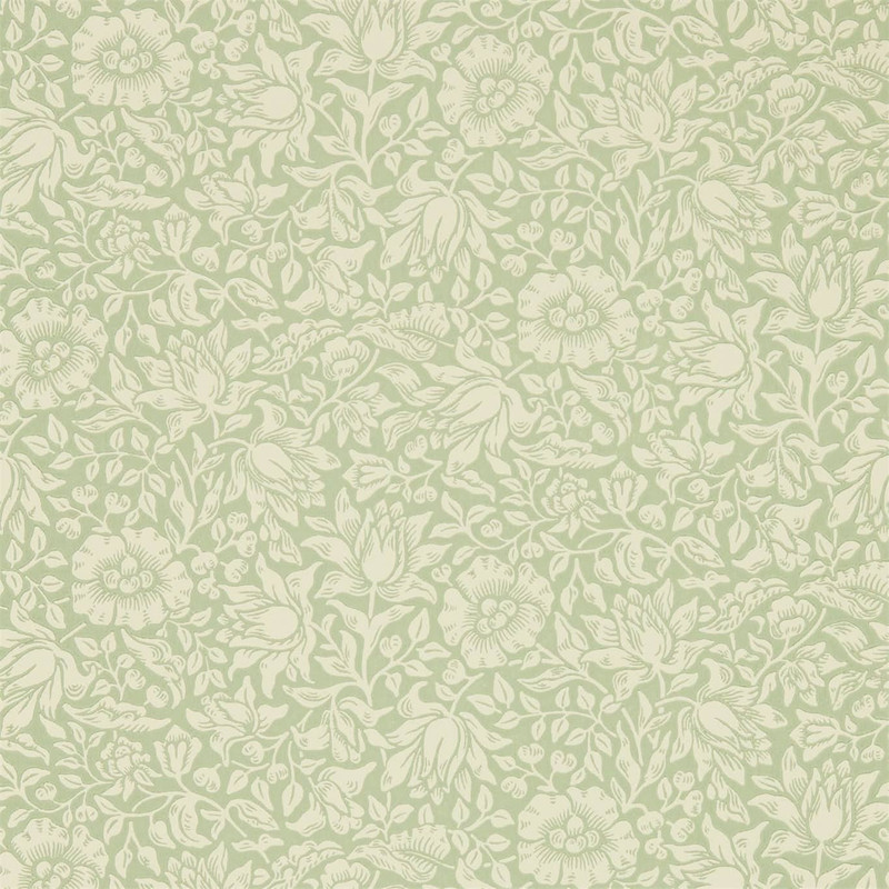 Morris & Co Mallow Wallpaper 216678 Apple Green showing small scale floral pattern with hibiscus flowers and foliage in soft green tones