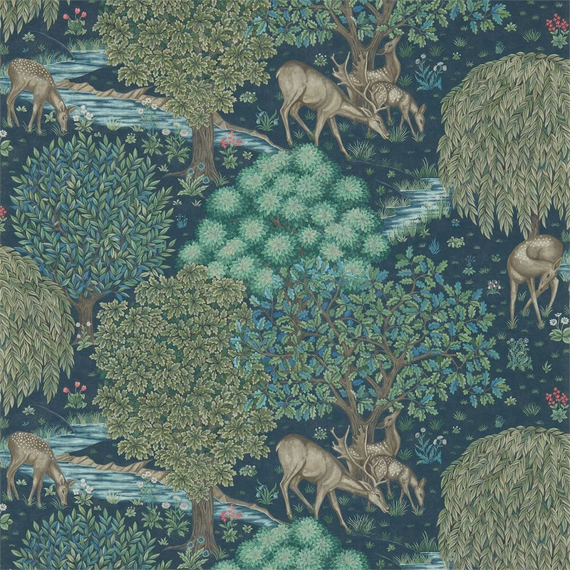 Morris & Co The Brook Dark Blue wallpaper showing woodland scene with deer, trees and flowing stream inspired by medieval tapestry design