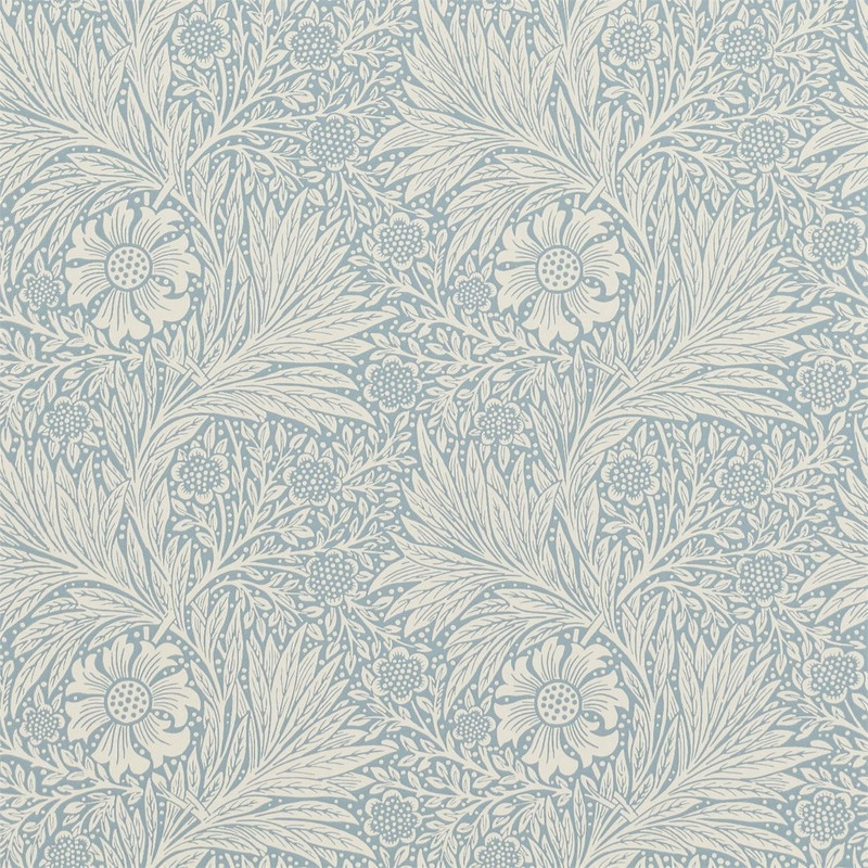 Morris & Co Marigold Wallpaper 210368 Wedgwood showing single colour floral pattern with flowing leaves and marigold flowers in soft blue tones