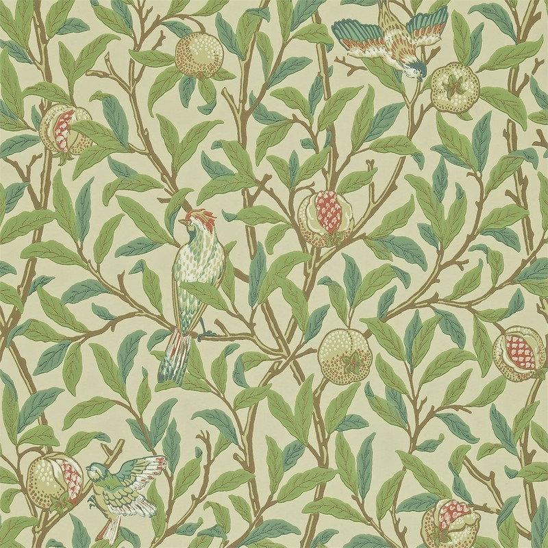 Morris & Co Bird & Pomegranate Bayleaf Cream wallpaper showing birds perched on branches with pomegranates and green foliage in classic William Morris design