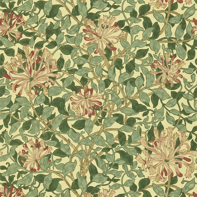Morris & Co Honeysuckle Wallpaper 210436 Green Coral Pink showing climbing honeysuckle flowers with entwining leaves in green and coral tones