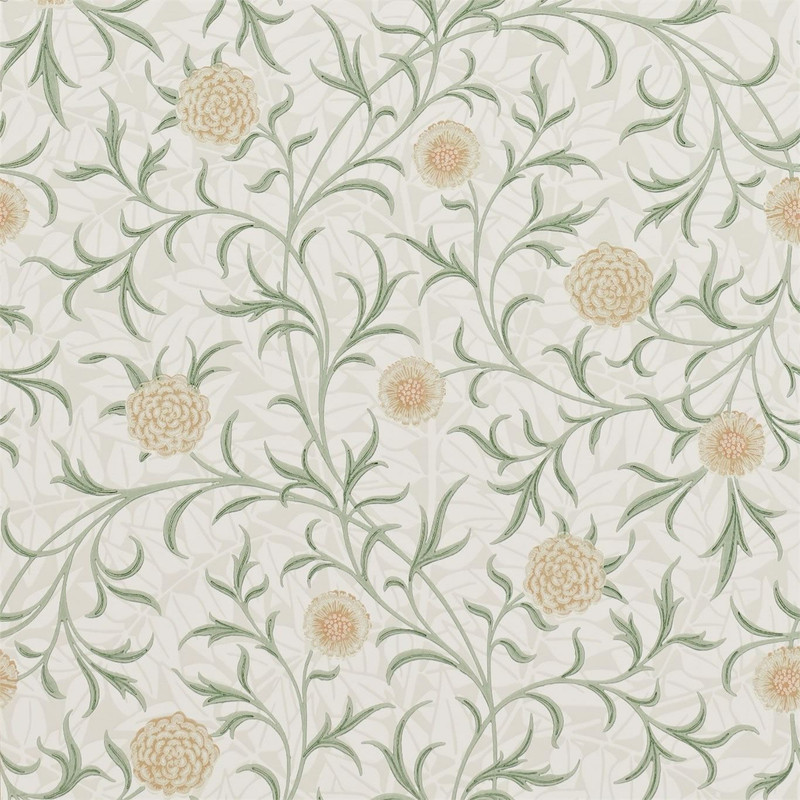 Morris & Co Scroll Thyme Pear wallpaper showing delicate scrolling stems with small floral blooms and soft green foliage on light background