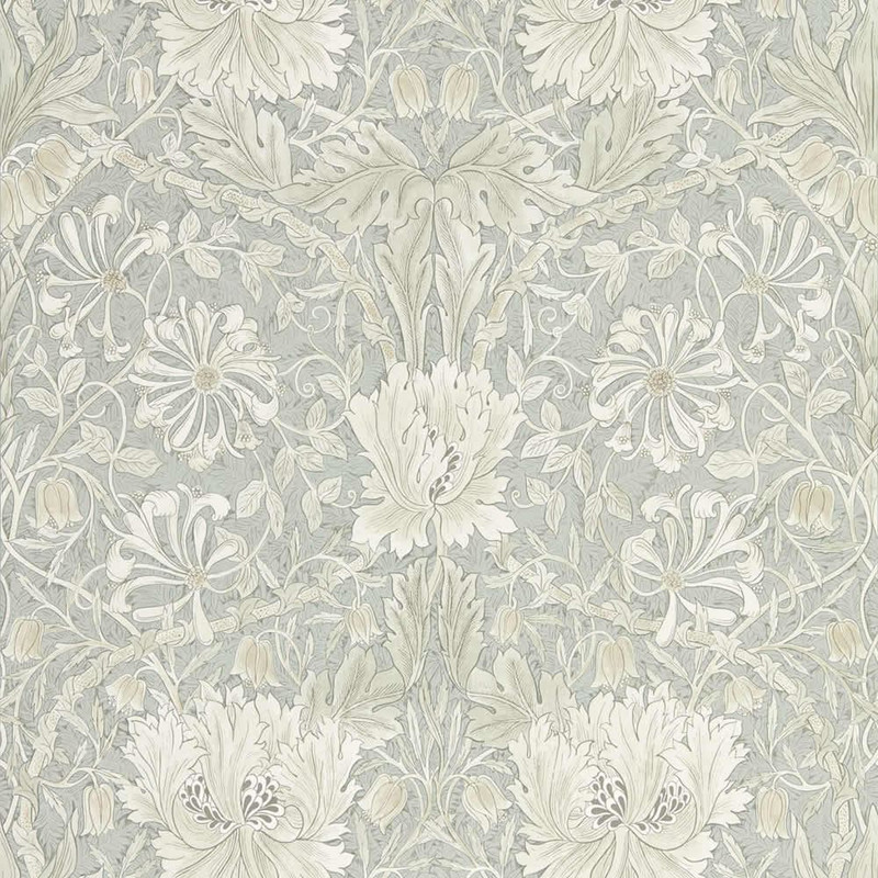 Morris & Co Pure Honeysuckle & Tulip Grey Blue wallpaper showing symmetrical botanical pattern with flowing honeysuckle vines and tulip flowers