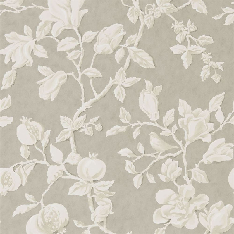 Sanderson Magnolia & Pomegranate Wallpaper - 215722 - Silver / Linen