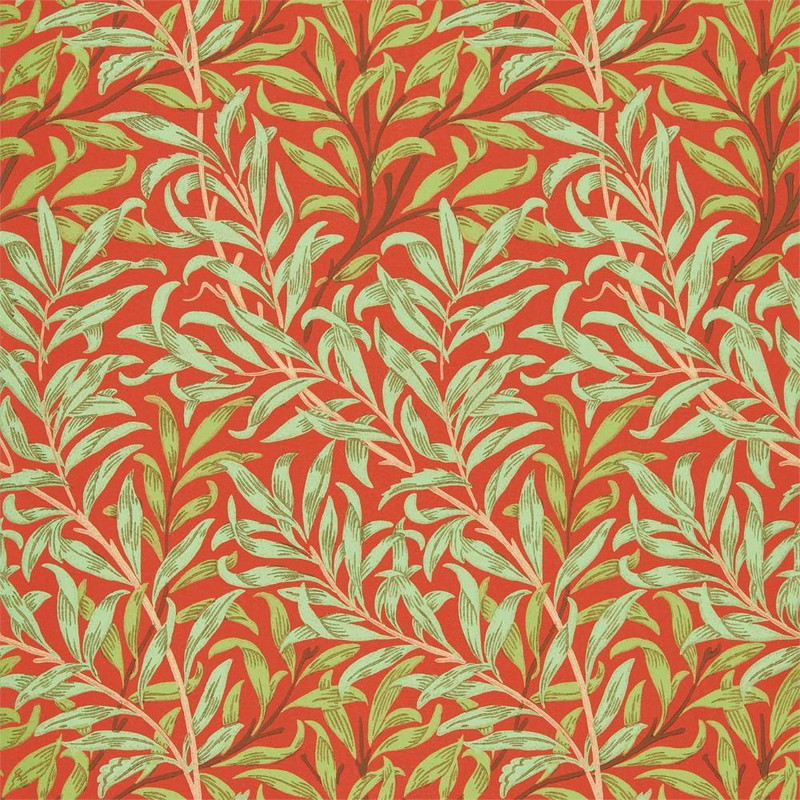 Morris & Co Willow Bough Wallpaper 216951 Tomato Olive showing flowing willow leaf pattern in bold red and green tones