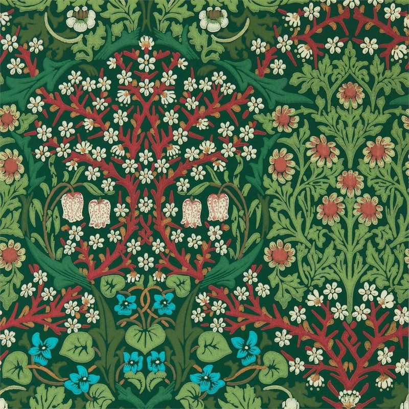 Morris & Co Blackthorn Autumn wallpaper showing dense floral pattern with blackthorn branches, blossoms and foliage on deep green background