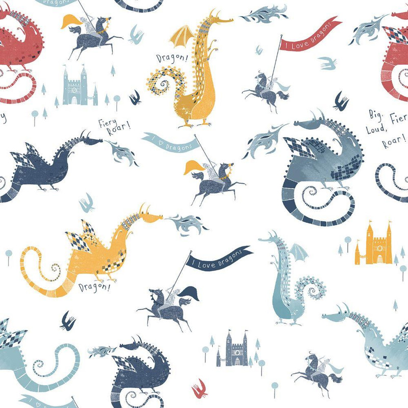 Galerie Tiny Tots 2 Dragons Wallpaper - G78369 - Navy / Red / Yellow / Blue