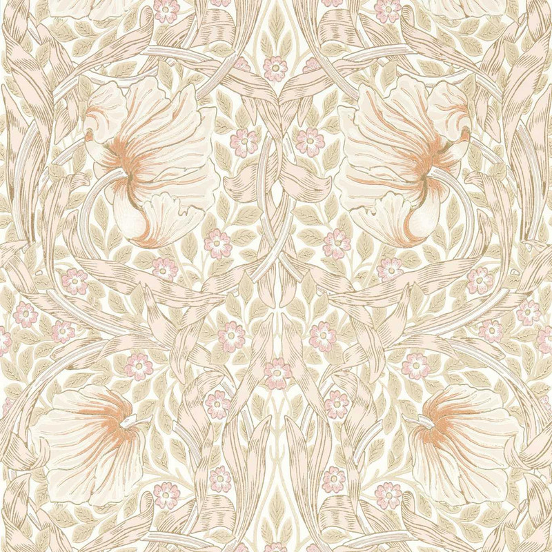 Morris & Co Pimpernel Wallpaper 217064 Cochineal Pink showing swirling botanical vines and stylised flowers in soft pink and neutral tones