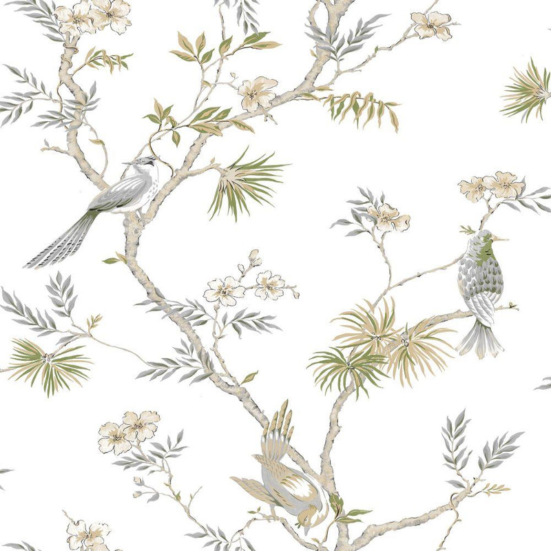 Galerie Secret Garden Classic Bird Trail Wallpaper - G78492 - Grey / Green / Beige / White