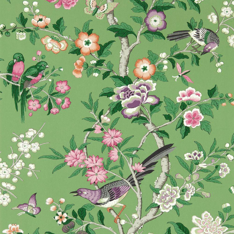 Sanderson Chinoiserie Hall Wallpaper - 217110 - Chinese Green / Lotus Pink