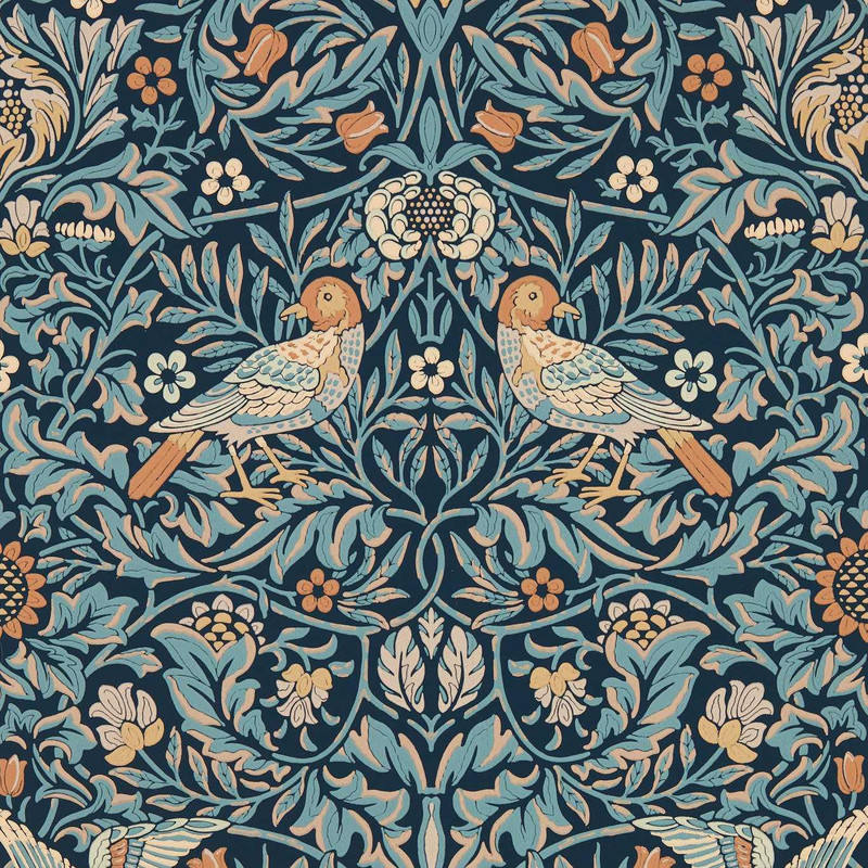 Morris & Co Bird Wallpaper 217193 Webb's Blue showing paired birds with intricate foliage and floral pattern on a deep blue background