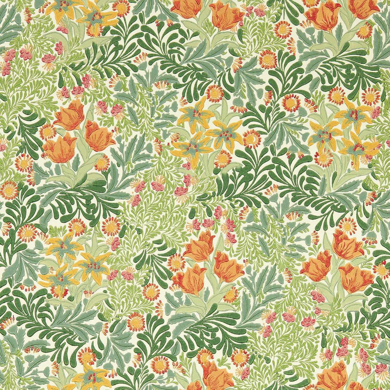 Morris & Co Bower Wallpaper 217204 Herball Weld showing dense floral foliage pattern inspired by forest plants and botanical design