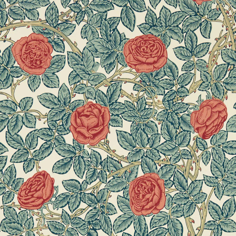 Morris & Co Rambling Rose Wallpaper - 217206 - Emery Blue / Madder