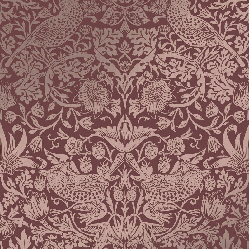 William Morris at Home - Strawberry Thief Fibrous Wallpaper - 124235 - Burgundy