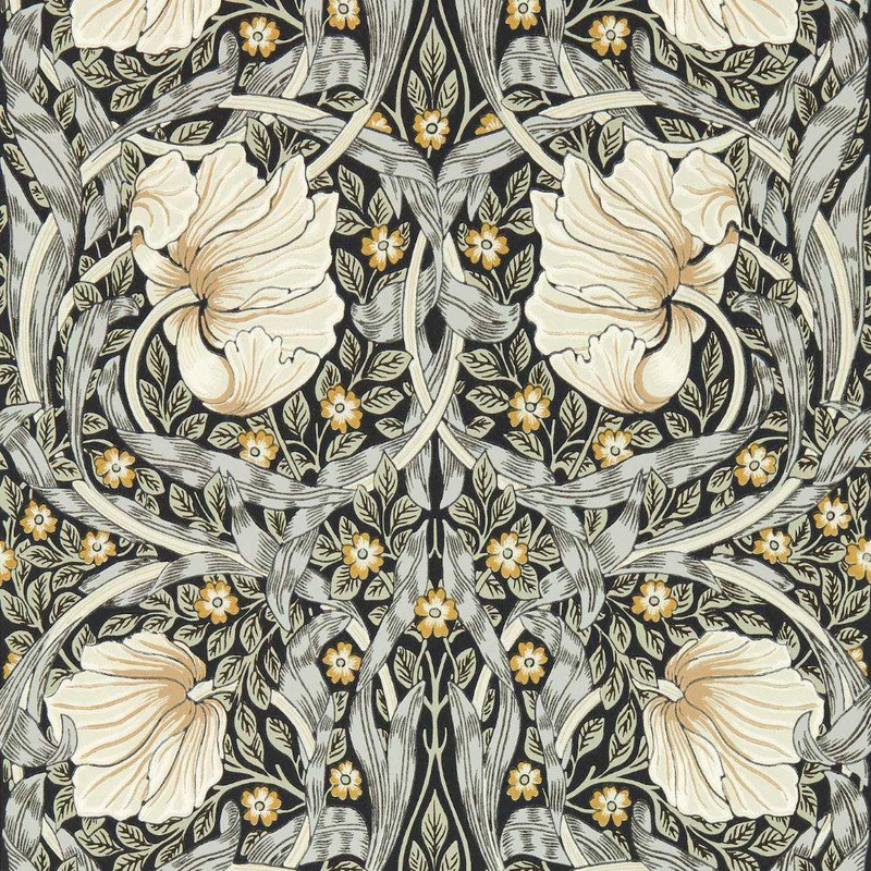 Morris & Co Pimpernel Wallpaper 217362 Ink Sage showing swirling floral pattern with large flowers and flowing tendrils on a dark background with sage green tones