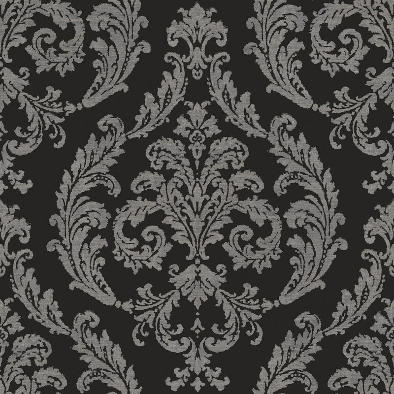 Galerie Silk Damask Wallpaper - G68676 - Black / Silver Grey