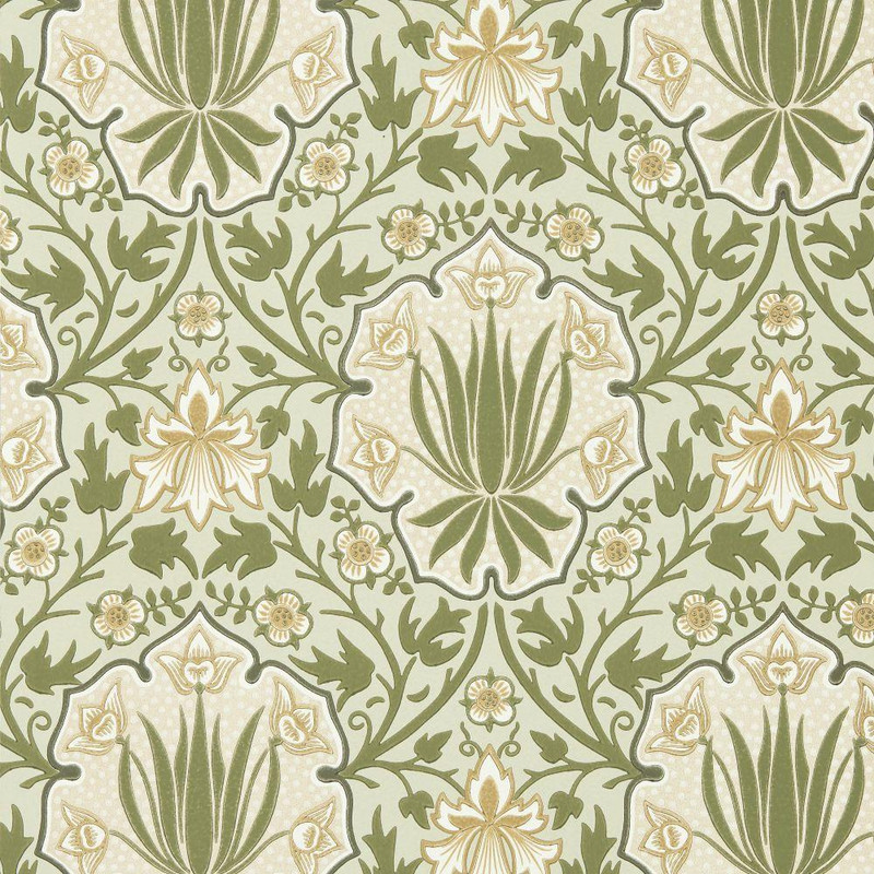 Morris & Co Iris & Rose Wallpaper 217567 Bayleaf Weld showing ornamental floral pattern with iris, roses and shield motifs in green and yellow tones