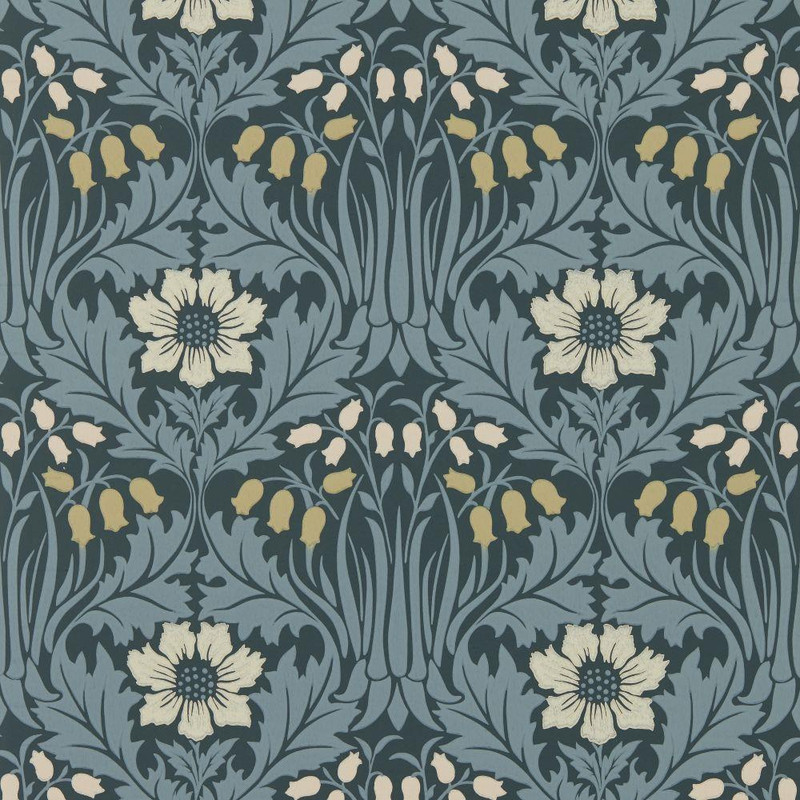 Morris & Co Woodbell & Anemone Wallpaper 217574 Indigo showing ogee pattern with anemone flowers and bluebells in deep blue tones
