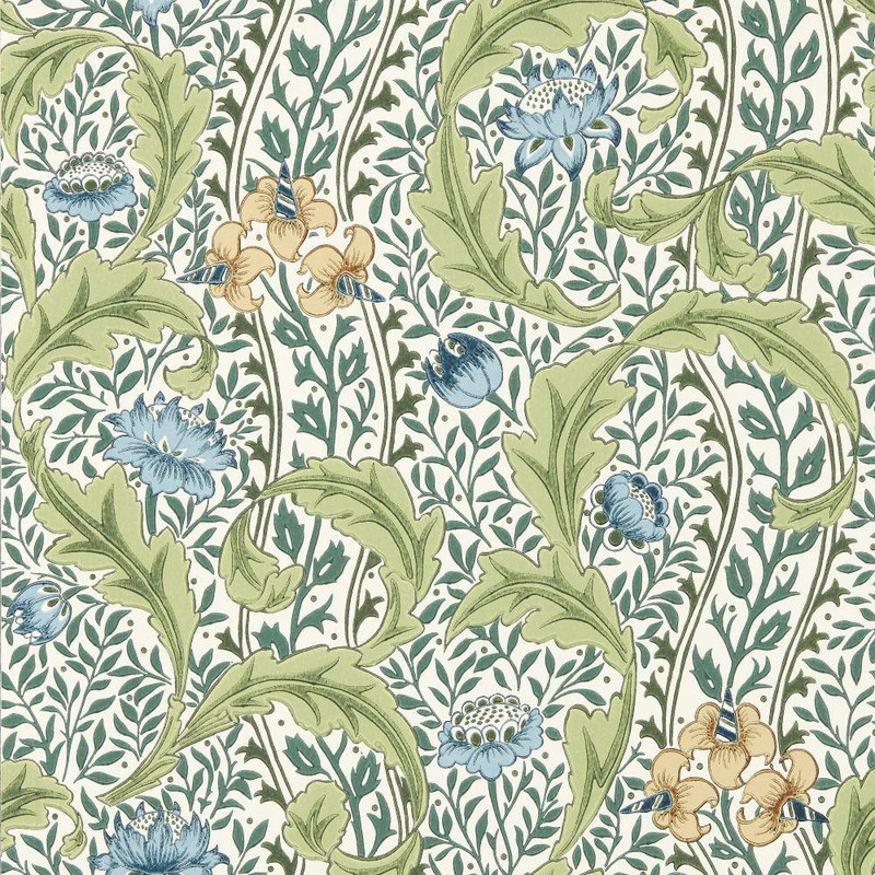 Morris & Co Wild Tulip & Vine Wallpaper 217577 Nettle Woad showing floral pattern with tulips, vines and foliage in green and blue tones