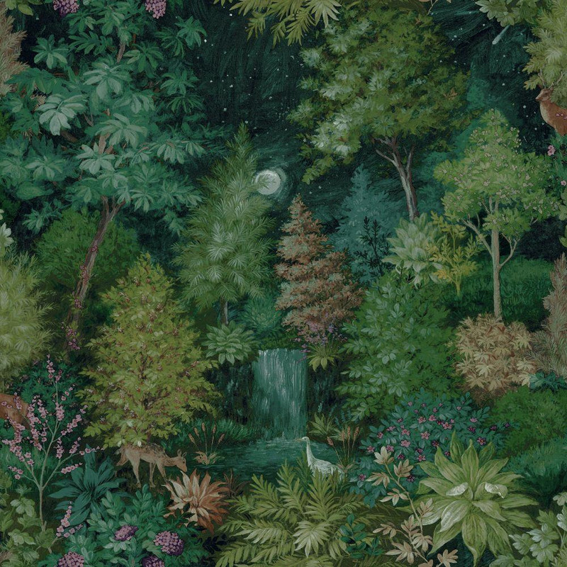 Close-up detail Holden Decor Midnight Woods 14151 Green waterfall & foliage