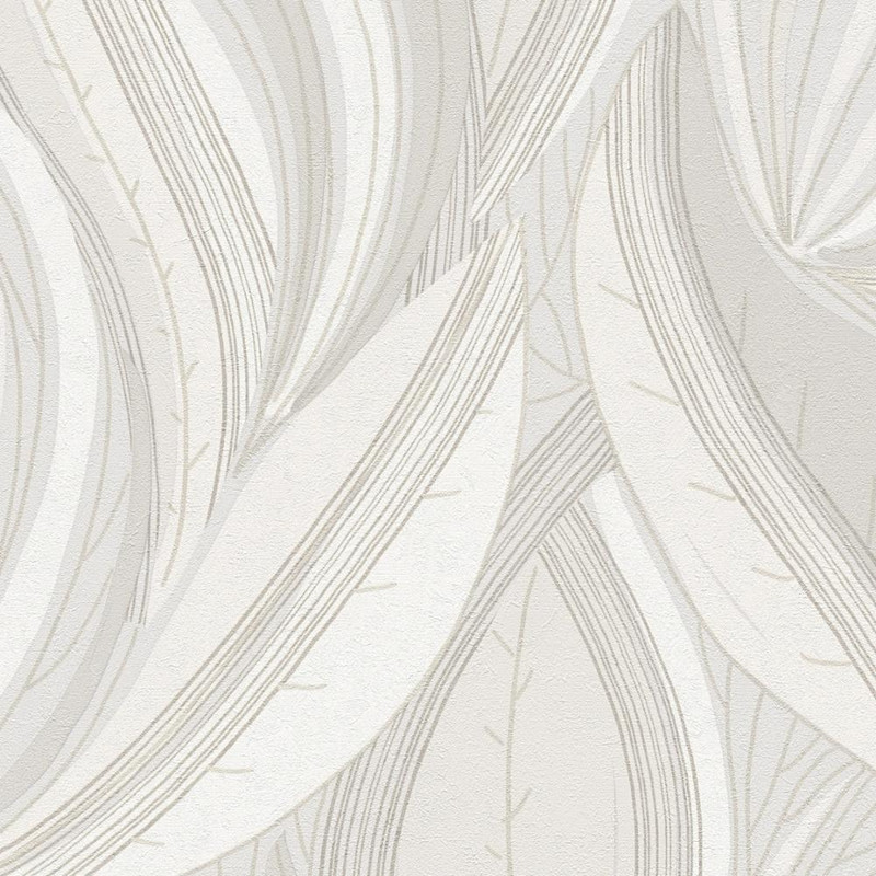 Flowing Leaf Wallpaper - HZ62066 - Cream / Metallic / White