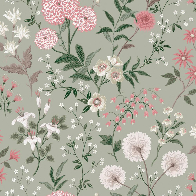 Laura Ashley Otterham Garden wallpaper in pistachio green with detailed wildflowers and trailing foliage